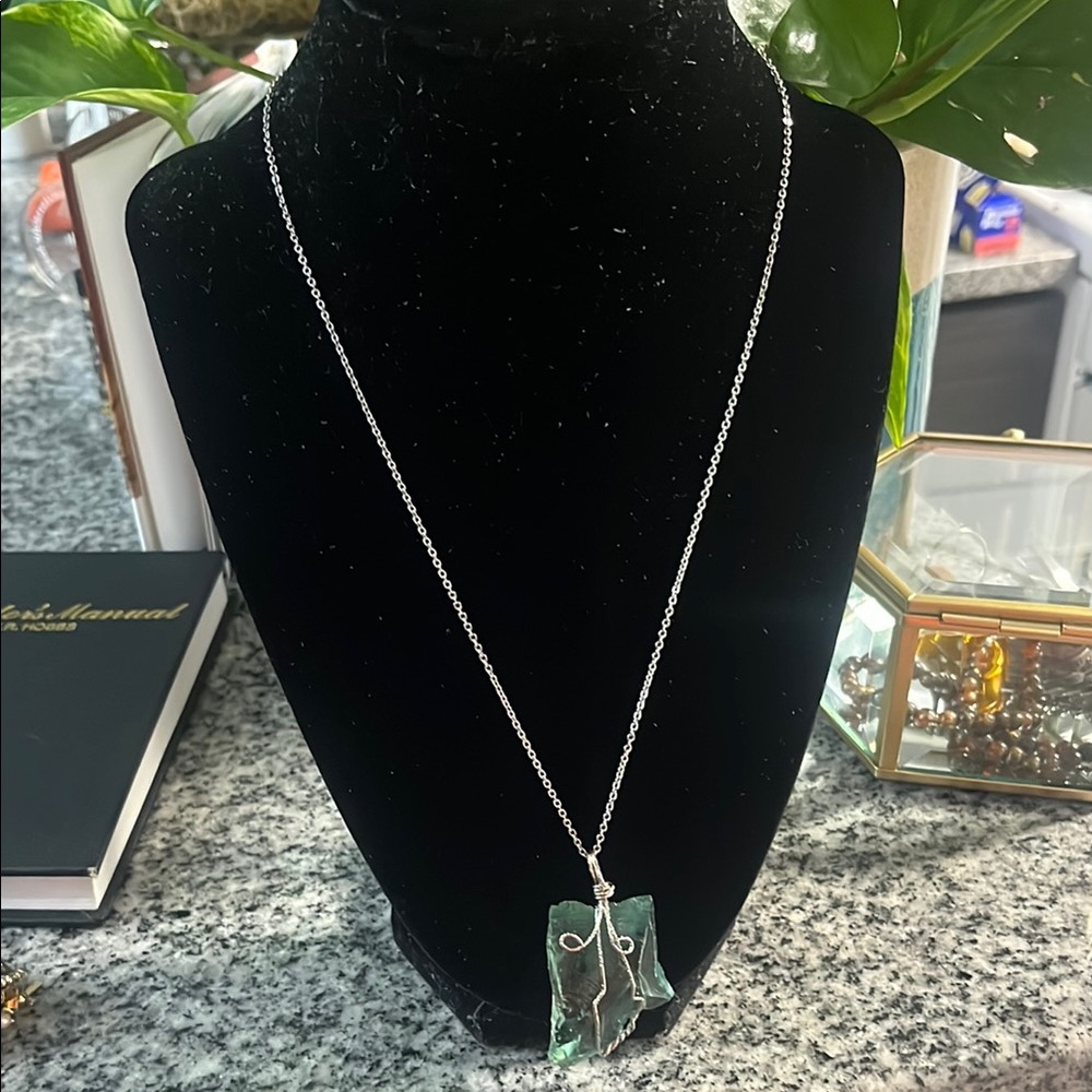 Silver Necklace with Green Pendant